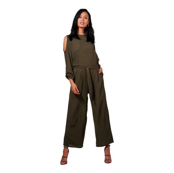 Boohoo Pants - Boohoo Khaki Green Cold Shoulder Tie Belt Wide Leg  Jumpsuit; Size Large; BNWT